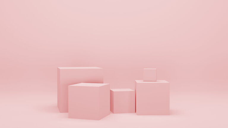 Pink empty room with geometric shapes, stands and empty walls, realistic 3d illustration. Minimalist blank scene with squares, modern graphic design.